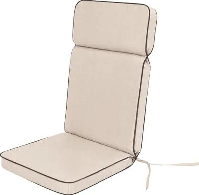 A beige high-back chair cushion with dark piping, shown against a white background.