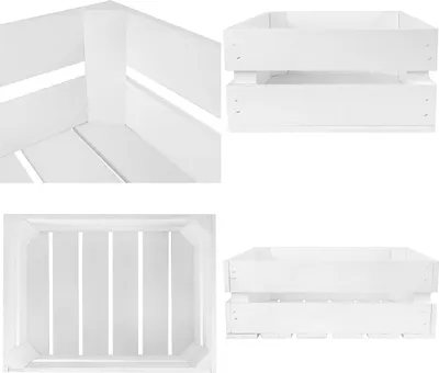 A collage of four images showing different views of a white wooden crate.