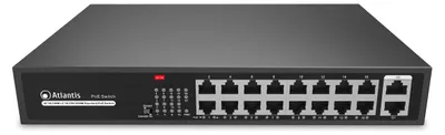 Productafbeelding van Atlantis Switch, 18 poorten, model A02-G18P16-200W, 2x Gigabit + 16x Fast Ethernet, PoE, 185W, 30W per poort, rackmontage, 19 inch, metalen behuizing