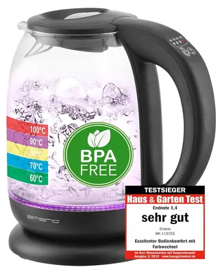 Produktbild von Glas Teekocher Wasserkocher mit Note 1.3 - Automatisches Teesieb, Absenkautomatik, BPA-frei, 1.7L, Temperaturwahl, 2200W, Schwarz/Silber