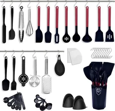 Image de Set de ustensiles de cuisine en silicone avec poignées plates - 44 pièces - Set de spatules en silicone noir