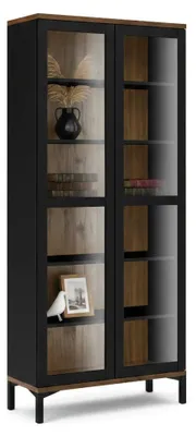 Produktbild von Vitrine Lisanne, Glas-Sideboard, Mehrzweckvitrine, Hängendes Bücherregal mit Glastüren, 89x36 h203 cm, Schwarz und Walnuss
