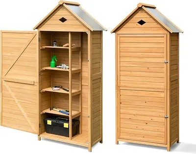 Imagen del producto de Casa de jardín de madera, 80 x 35 x 176 cm. Cobertizo para herramientas con techo a dos aguas, estanterías y cerradura. Cobertizo resistente a la intemperie. Armario de jardín, cabaña de jardín, cobertizo de jardín para terraza y balcón