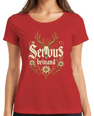 Imagen del producto de Camiseta para mujer, diseño "Servus", con motivos de ciervo, Edelweiss (gloriosa alpina) y elementos bávaros, color rojo, talla L