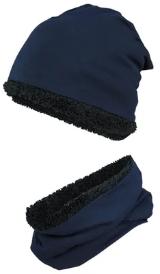 Produktbild von TupTam Jungen Beanie Mütze Schlauchschal Kinder 2er Set Herbst Winter gefütterte Mütze Übergangsmütze mit Loop, Farbe: Wintermütze Teddyfleece - Dunkelblau, Hat Size: 50