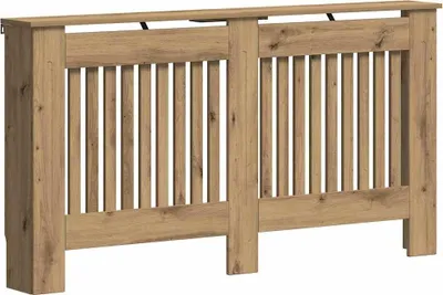 A wooden radiator cover with a slatted front.