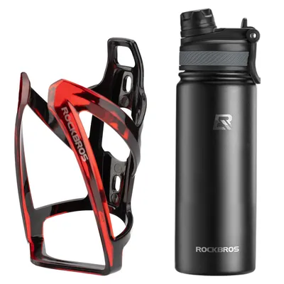 Produktbild von ROCKBROS Fahrrad Thermoflasche 550 ml mit Flaschenhalter Set aus Edelstahl für Rennrad MTB Halter Schwarz-Rot Flasche Schwarz
