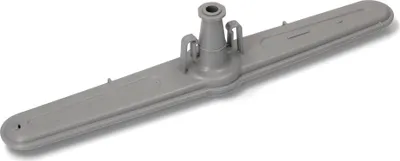 A gray plastic dishwasher spray arm with a central hub and two attachment points.