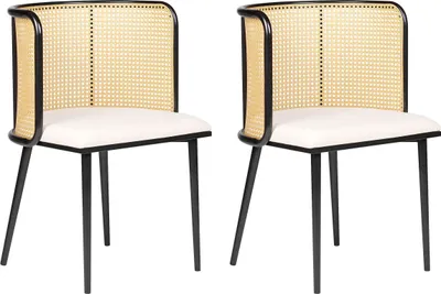 Zdjęcie produktu dla BELIANI Zestaw 2 krzeseł do jadalni czarny metalowa rama tapicerowane siedzisko beżowe plecionka wiedeńska retro do salonu