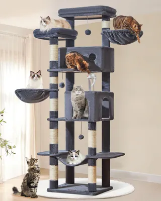 Produktbild von Kratzbaum XXL, 193 cm, 7 Kratzstämme, 2 Höhlen, 2 Körbchen, Hängematte, Plüschbälle, für große Katzen