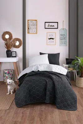 Zdjęcie produktu dla L'Essentiel Linge de Maison, komplet narzut na łóżko, Solid - Black, Grey, 65% BAWEŁNA / 35% POLIESTER, czarny, 160 x 220 cm