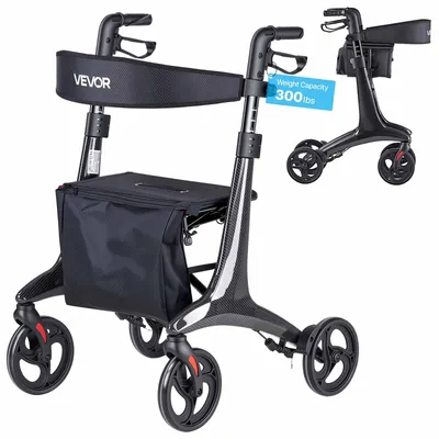 Produktbild von VEVOR Rollator Faltbar mit Sitz, Leichter Gehwagen mit 8 Zoll Reifen, Gehhilfe bis 136kg mit Rückenlehne Tasche Gehstockhalter, Höheverstellbare Laufhilfe mit Feststellfunktion für Senioren, Schwarz