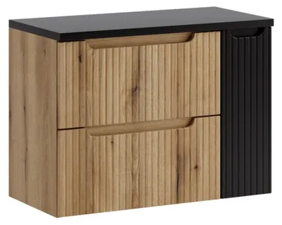 Immagine prodotto di Set da bagno sospeso VANO in rovere chiaro e nero 80cm : mobili sotto lavabo con cassetti e armadietti + piano per lavabo