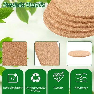 Obrázok produktu pre Sada 50 okrúhlych podtáckov z korku pod poháre a šálky, priemer 10 cm, hrúbka 0,3 cm