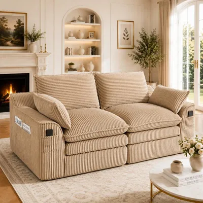 Obrázok produktu pre Dvojmiestna sedačka z cordurínu v khaki farbe, rozmer 191x94x85 cm, s vankúšmi a bočnými vreckami, s trojvrstvou penovou výplňou a pružinovým jadrom, vhodná do obývačky alebo kancelárie