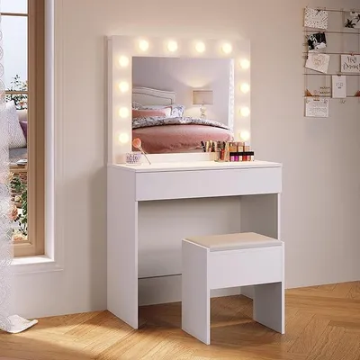 Produktbild von Schminktisch mit Hocker, Spiegel, Schubladen, Kosmetiktisch mit 12-Lichtern, 10 Einstellbarer Helligkeit, 3 Farben, Frisiertisch Kommode für Frauen Schlafzimmer, Weiß, 80x40x140cm.