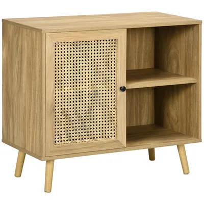 Image de HOMCOM Meuble de rangement buffet 1 porte cannage effet bois - dim. 80L x 39l x 70H cm