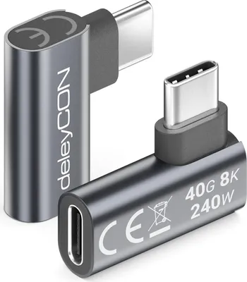 Produktbild von deleyCON USB-C Adapter Winkel 90 Grad Flach (2 Stück) 40Gbps, 240W, 8K60Hz, USB 4.0, Aluminium Gehäuse, Typ C Stecker auf Buchse für Smartphone Tablet Laptop Notebook MacBook PS5 usw.