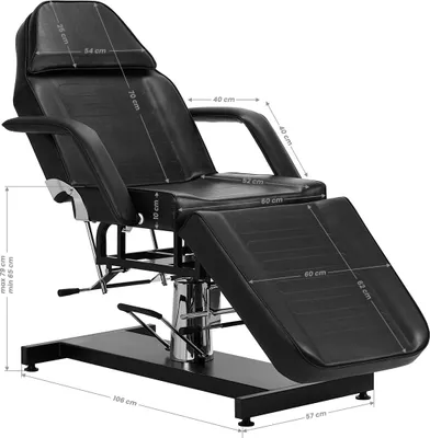 A black cosmetic hydraulic bed with dimensions indicated by measurement lines and text.