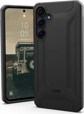 A black phone case is shown next to a smartphone displaying a picture of a white vehicle.