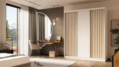 Zdjęcie produktu dla Szafa z lamelami LINEA 180 cm Biała szafa przesuwna z lamelami dąb artisan na froncie Gładka trzydrzwiowa szafa z lamelami Szafa na ubrania z szufladami i lamelami