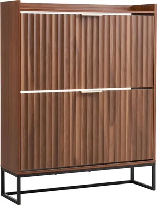 Produktbild von Schuhschrank - Schuhkipper mit 2 Klappen - Platzsparend - Freistehend - Mit Kippschutz - Schmal 80 x 24 x 100 cm - Für Flur & Eingang - Braun