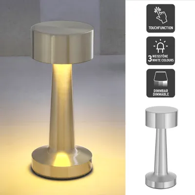 Produktbild von Metall Akku Tischleuchte Silber mit Touchfunktion 3 Weisstöne USB Nachttischlampe Aufladbar Helligkeit regulierbar Schreibtischlampe Dimmbar