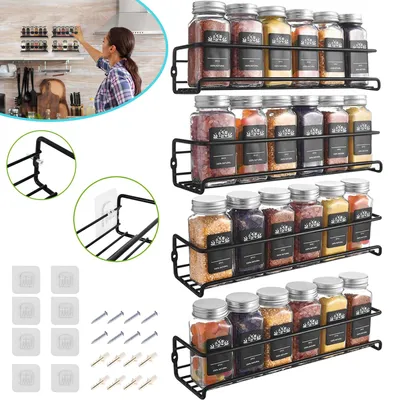Produktbild von 4‑Teiliges Gewürzregal‑Set für die Wand, für Größere Gewürzgläser, Küchen‑Wandregal als Schrank‑Organizer