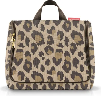 A leopard print toiletry bag is shown against a white background.