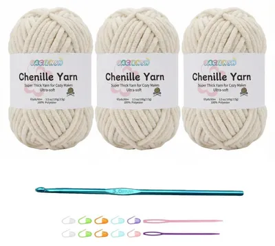 Immagine prodotto di Lana chenille per uncinetto, 3 gomitoli da 100g ciascuno, filato spesso e soffice, color beige, inclusa uncinetto