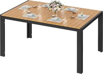 Zdjęcie produktu dla Stół ogrodowy – stół jadalny na zewnątrz – 140 x 90 x 75 cm – aluminiowa rama – blat z WPC – odporny na warunki atmosferyczne – dla 8 osób – czarne nogi, drewno tekowe
