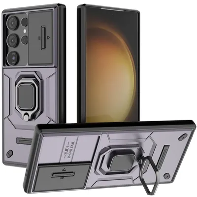 Produktbild von Hülle für Samsung Galaxy S24 Ultra Dual Layer Handyhülle Schiebe Kamera Schutz und Ringhalter Ständer Lila
