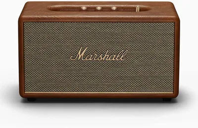 A front view of a brown Marshall speaker on a white background.