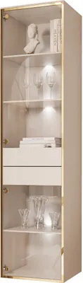 A tall, narrow display cabinet with glass doors and shelves, illuminated by LED lights.