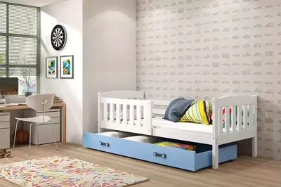 Zdjęcie produktu dla Łóżko dla dzieci ze schowkiem i materacem 80 x 190 BRIGID – białe/niebieskie