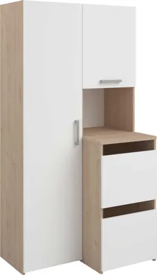 Image de Meuble de rangement pour la salle de bain avec armoires, étagères & armoire haute - Couleurs bois clair & blanc - 92 x 184 cm - ERKANO