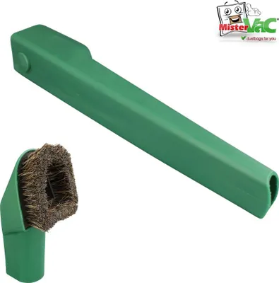 A green vacuum cleaner crevice tool and brush attachment are shown on a white background, with a logo in the top right corner.