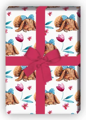 Produktbild von Niedliches Oster Geschenkpapier mit Osterhasen mit Schleife, Blumen, weiß - G8079, 32 x 48cm