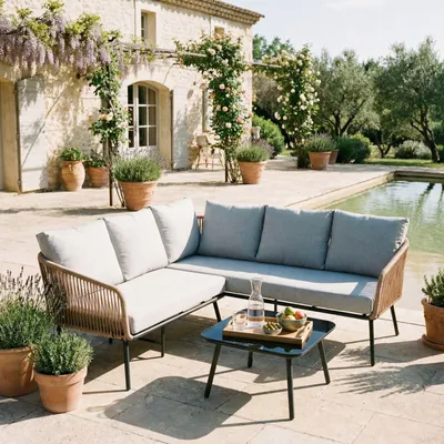 Produktbild von Gartenlounge JAKARTA, braun/grau - Outdoor Ecksofa mit Dreisitzer, Zweisitzer und Beistelltisch, robustes Metallgestell, wasserabweisende Kissen, für Terrasse und Balkon, L-förmige Sitzlandschaft