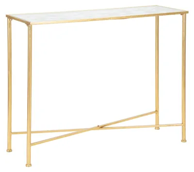 Produktbild von Konsolentisch "Schmetterlinge" in Gold – Konsolentisch aus goldfarbenem Metall mit Glasplatte und Schmetterlingsverzierungen, 100 x 35 x 80 cm – Glamouröser Stil – Parent 940