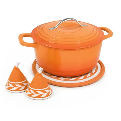 Image de Casserole en fonte de 4,7 litres avec poignée en acier inoxydable – Livrée avec des gants de four et un dessous de plat – Idéale pour la cuisson au four, couleur orange