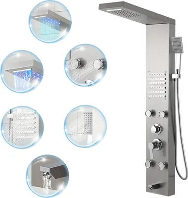 Obrázek produktu pro Izrielar sprchový panel z leštěné nerezové oceli s masážními tryskami, dešťovou sprchou, ruční sprchou a vodopádem, sprchová sloupka pro montáž na zeď, moderní sprchový systém do koupelny
