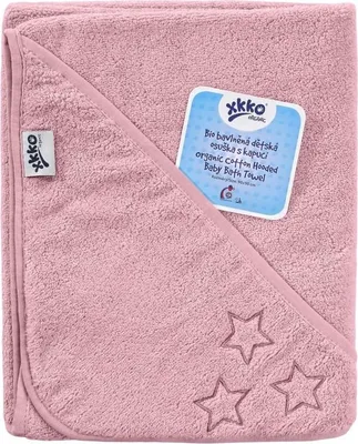 Produktbild von Baumwollefrotteebadetuch mit Kapuze XKKO Organic 90x90 - Baby Pink Stars 1St.