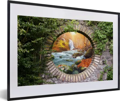 Produktbild von MuchoWow® Gerahmtes Poster Herbst - Wasserfall - Natur - Aussicht 60x40 cm - Poster mit Schwarzem Bilderrahmen Wandposter Rahmen Foto Bilder - Schlafzimmer - Plakat in Rahmen - Drucken
