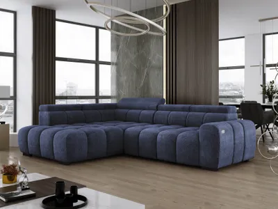 Obrázok produktu pre DomoHome Voľne stojaca rohová pohovka Ombo 297x137cm, tvar L, MARINE s funkciou spania 125x193cm, pohovka s nastaviteľným operadlom, textúrovaná látka Eden, nastaviteľná opierka hlavy