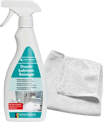 Produktbild von HOTREGA Duschkabinen Reiniger 500 ml Sprühflasche SET + Microfasertuch 40 x 40 cm