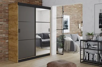 Produktbild von FurMeb24 Schiebetrenschrank RETRO 3-138x200cm Kleiderschrank mit Spiegel, 2-triger Schiebeschrank (Eiche Craft Gold / Graphit Antrazit + Spiegel und schwarze Beschl€ge)