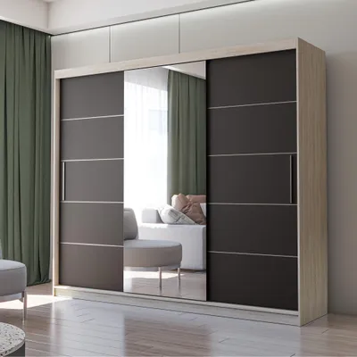 Produktbild von Schwebetürenschrank Kleiderschrank Schrank mit Spiegel 250cm Sonoma/Schwarz Alba