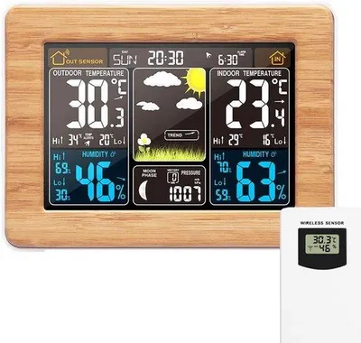 Obrázek produktu pro Digitální meteorologická stanice s venkovním čidlem – vnitřní/venkovní teploměr, hodiny, digitální displej, teplota, vlhkost vzduchu, barometr, budík