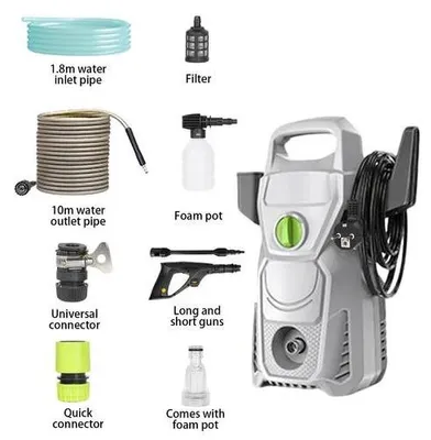 Immagine prodotto di Idropulitrice elettrica - 1500 W - Pressione dell'acqua 135 bar - 3 ugelli regolabili - Tubo flessibile ad alta pressione da 10 m - Per auto, terrazze e balconi - Grigio